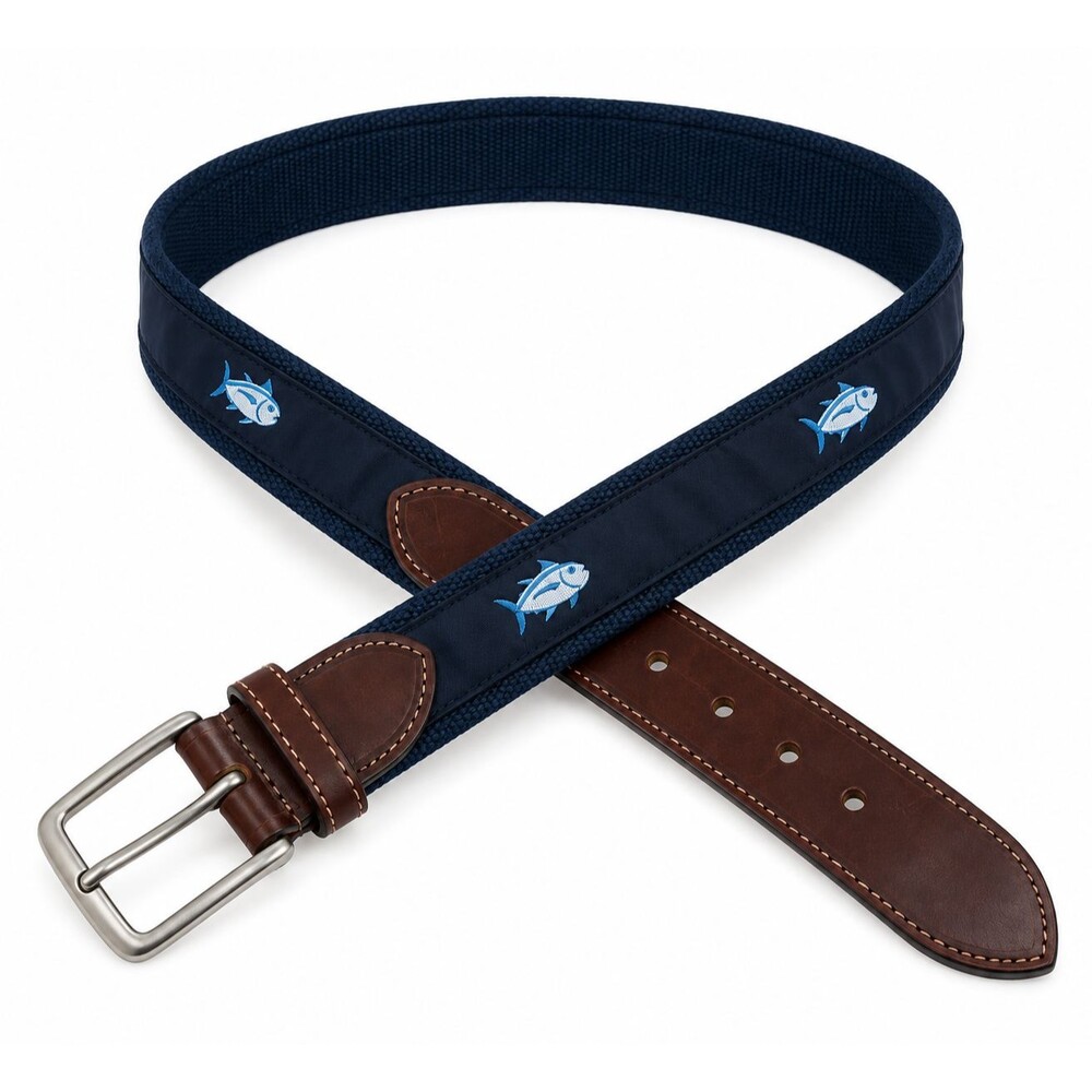 Southern Tide Men's Belt Size 36 Fish Print Navy Blue Leather Preppy Nautical
